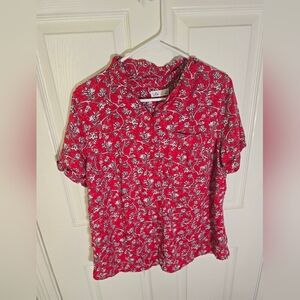 Croft & Barrow Womens Red Floral Collared Button Up Blouse 0X